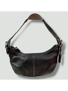 Coach Vintage Mini SoHo Black Leather Hobo Bag With Contrast Stitching & Signatu